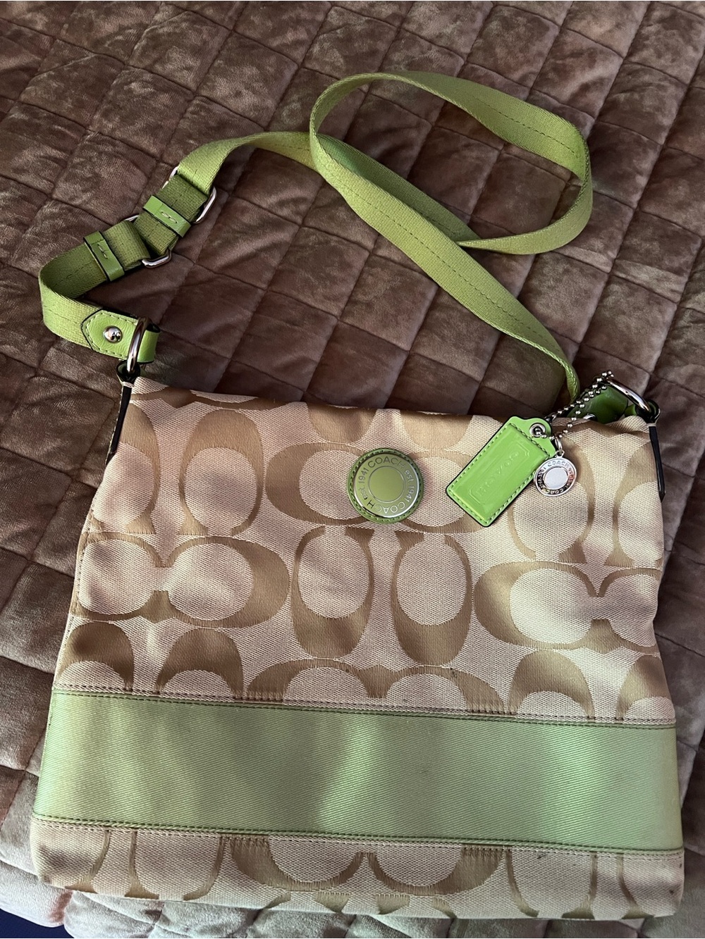 Coach Khaki Signature Crossbody with Lime Trim